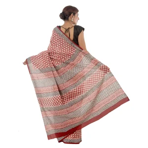 Beautiful Red Floral Print Cotton Saree - Image 4