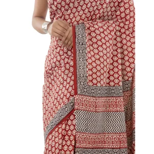 Beautiful Red Floral Print Cotton Saree - Image 5