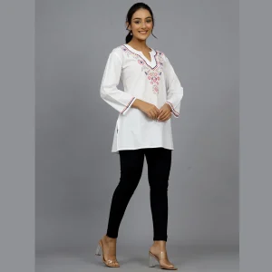 Beautiful White Embroidery Work Cotton Kurti / Top / Tunic - Image 3