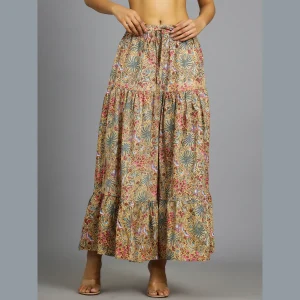 Beige Floral Hand Block Printed Skirt - Image 4