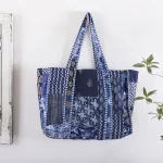 Blue Patchwork Cotton Tote Bag Handmade Quilted Tote Shopping Bag