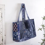 Blue Patchwork Cotton Tote Bag Handmade Quilted Tote Shopping Bag - Image 2