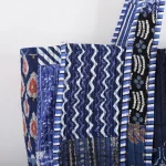 Blue Patchwork Cotton Tote Bag Handmade Quilted Tote Shopping Bag - Image 3