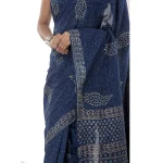 Indigo Blue Hand Block Paisley Floral Printed Sari - Image 4