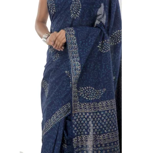 Indigo Blue Hand Block Paisley Floral Printed Sari - Image 4