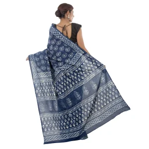 Indigo Paisley Print Cotton Saree Women Sari - Image 4
