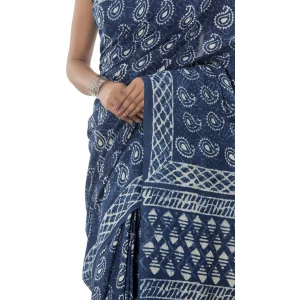 Indigo Paisley Print Cotton Saree Women Sari - Image 5