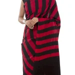Red & Black Striped Print Cotton Saree - Image 4