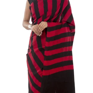 Red & Black Striped Print Cotton Saree - Image 4