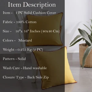 Solid Mustard Color Fabric Cushion Cover 16" - Image 6