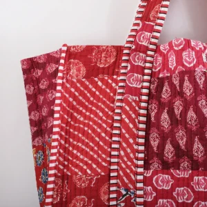 Traditional Handmade Patchwork Quilted Red Tote Bag - Image 3
