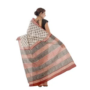 White Leaf Printed Pure Cotton Saree / Sari - Image 4