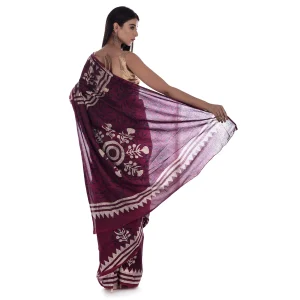 Women Maroon Floral Print Cotton Sari / Saree - Image 3