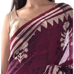 Women Maroon Floral Print Cotton Sari / Saree - Image 5