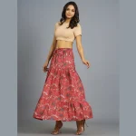 Women Red Floral Print Casual Long Skirt