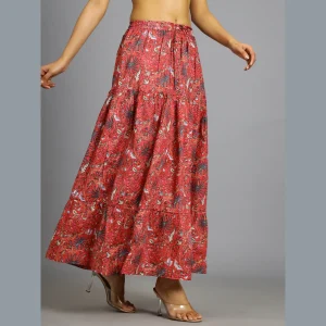 Women Red Floral Print Casual Long Skirt - Image 3