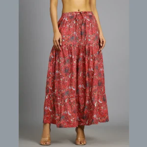 Women Red Floral Print Casual Long Skirt - Image 4