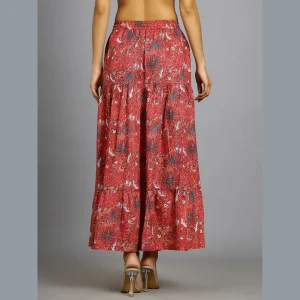 Women Red Floral Print Casual Long Skirt - Image 5