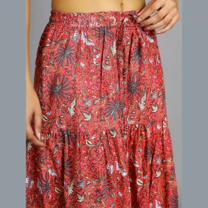 Women Red Floral Print Casual Long Skirt - Image 6