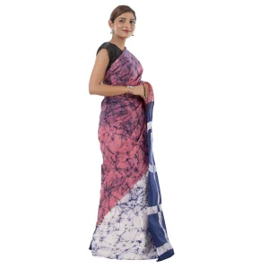 Women Tie Dye Print Casual Saree White Pink & Blue Sari - Image 3