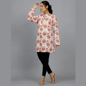 Women White Floral Printed Cotton Kurta - Image 3