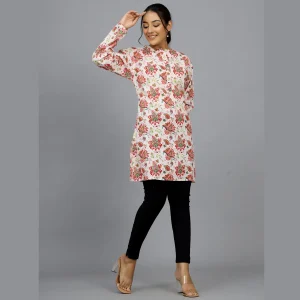 Women White Floral Printed Cotton Kurta - Image 4