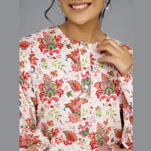 Women White Floral Printed Cotton Kurta - Image 5