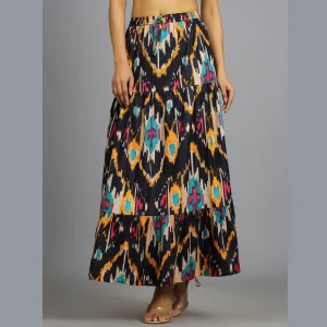 Women's Black Ikat Printed Long Skirt - Image 4