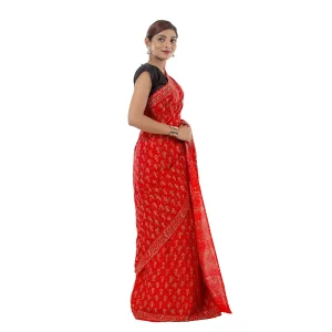Women's Red Chanderi Cotton Saree Floral Printed - Image 3