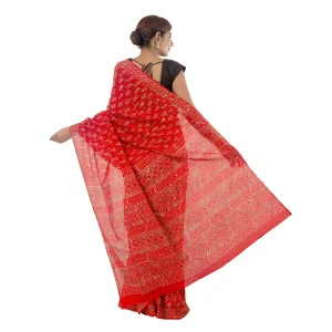 Women's Red Chanderi Cotton Saree Floral Printed - Image 4
