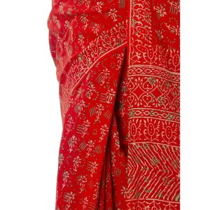 Women's Red Chanderi Cotton Saree Floral Printed - Image 6