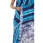 Women's Stripe Batik Cotton Saree Turquoise & Blue - Image 4