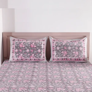 108"x90" Grey Floral Print Bedsheet With Pillow Covers - Image 3