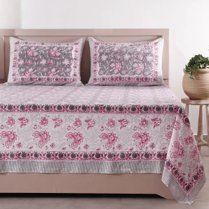 108"x90" Grey Floral Print Bedsheet With Pillow Covers - Image 2