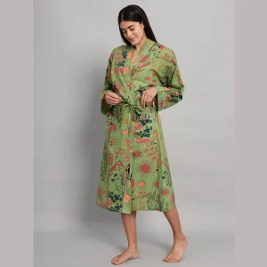 Beautiful Green Floral Printed Beach Wear Kimono Robe - Image 3