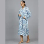 Blue Floral Print Beach Wear Long Bath Robe - Image 3