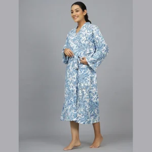 Blue Floral Print Beach Wear Long Bath Robe - Image 3