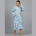 Blue Floral Print Beach Wear Long Bath Robe - Image 2