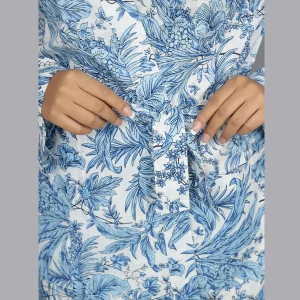 Blue Floral Print Beach Wear Long Bath Robe - Image 5