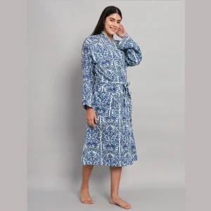 Blue Floral Print Cotton Kimono Sleepwear Drees - Image 4