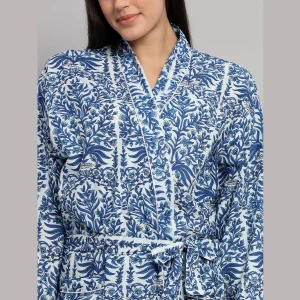 Blue Floral Print Cotton Kimono Sleepwear Drees - Image 5