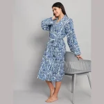 Blue Floral Print Cotton Kimono Sleepwear Drees