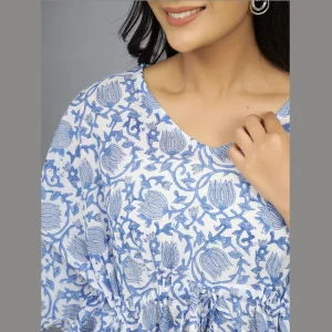 Blue Hand Block Print Cotton Nightwear Dress - Image 4