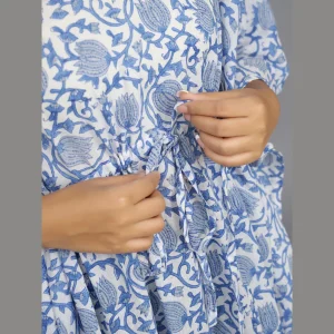 Blue Hand Block Print Cotton Nightwear Dress - Image 5
