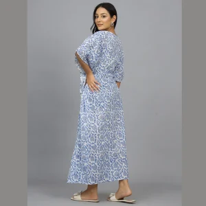 Blue Hand Block Print Cotton Nightwear Dress - Image 6
