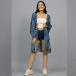 Blue Leaf Print Long Sleeve Kimono Shrug