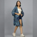 Blue Leaf Print Long Sleeve Kimono Shrug - Image 6