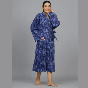 Blue Polka Dot Printed Pure Cotton Bath Robe - Image 3