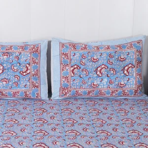 Blue Sanganer Printed Soft Cotton Bedsheet Pillow Cover - Image 3