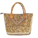 Brown Vintage Zari Embroidery Pattern Shoulder Tote Bag